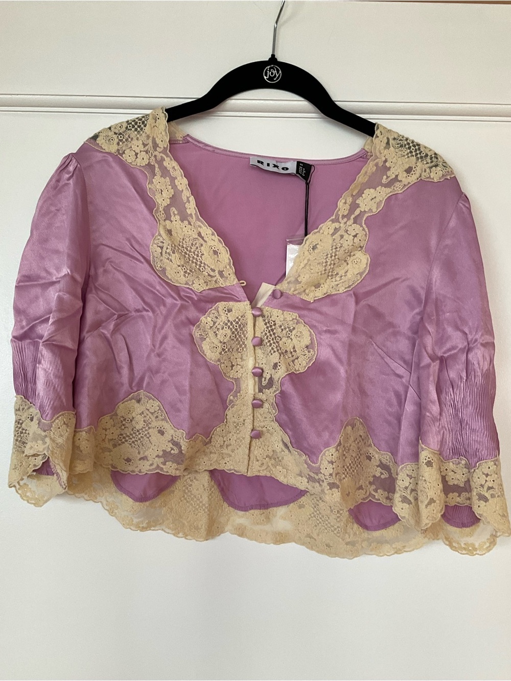 RIXO Lavender Pink Silk Blouse with Cream Lace Trim